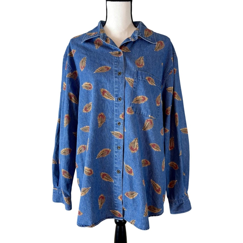 Westbound II Feather Print Denim Shirt Button Down Long Sleeve Casual Women's 1X